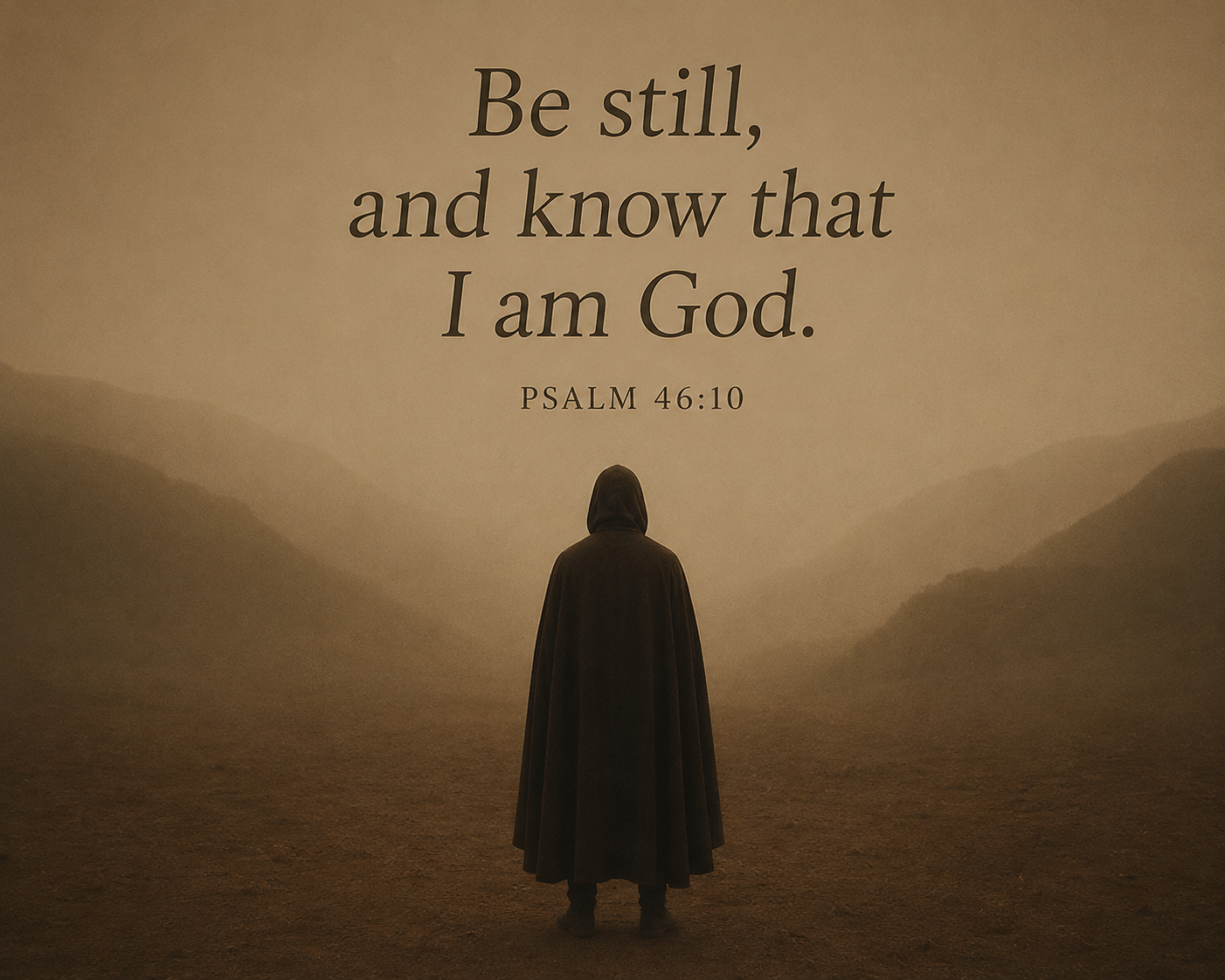 A hooded figure facing into the mist, with the words: Be still, and know that I am God. Psalm 46:10