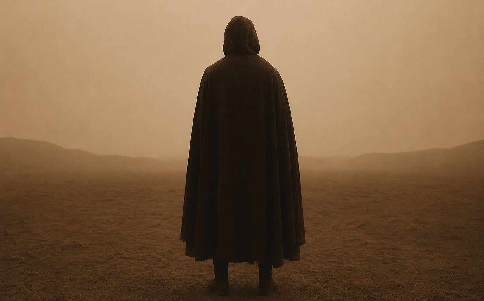 A hooded figure standing alone, facing away into the misty distance
